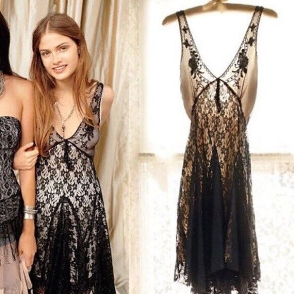 Free People One Clara Beaded Lace Black Vintage Formal Fairy Midi Slip Dress S - Picture 1 of 2